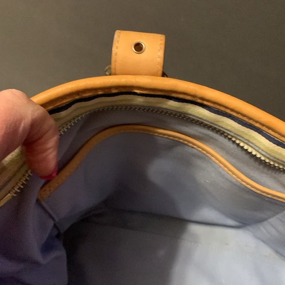 Authentic COACH Tote Bag Striped/Leather Trim. Blue/Green/ White. - Picture 8 of 9